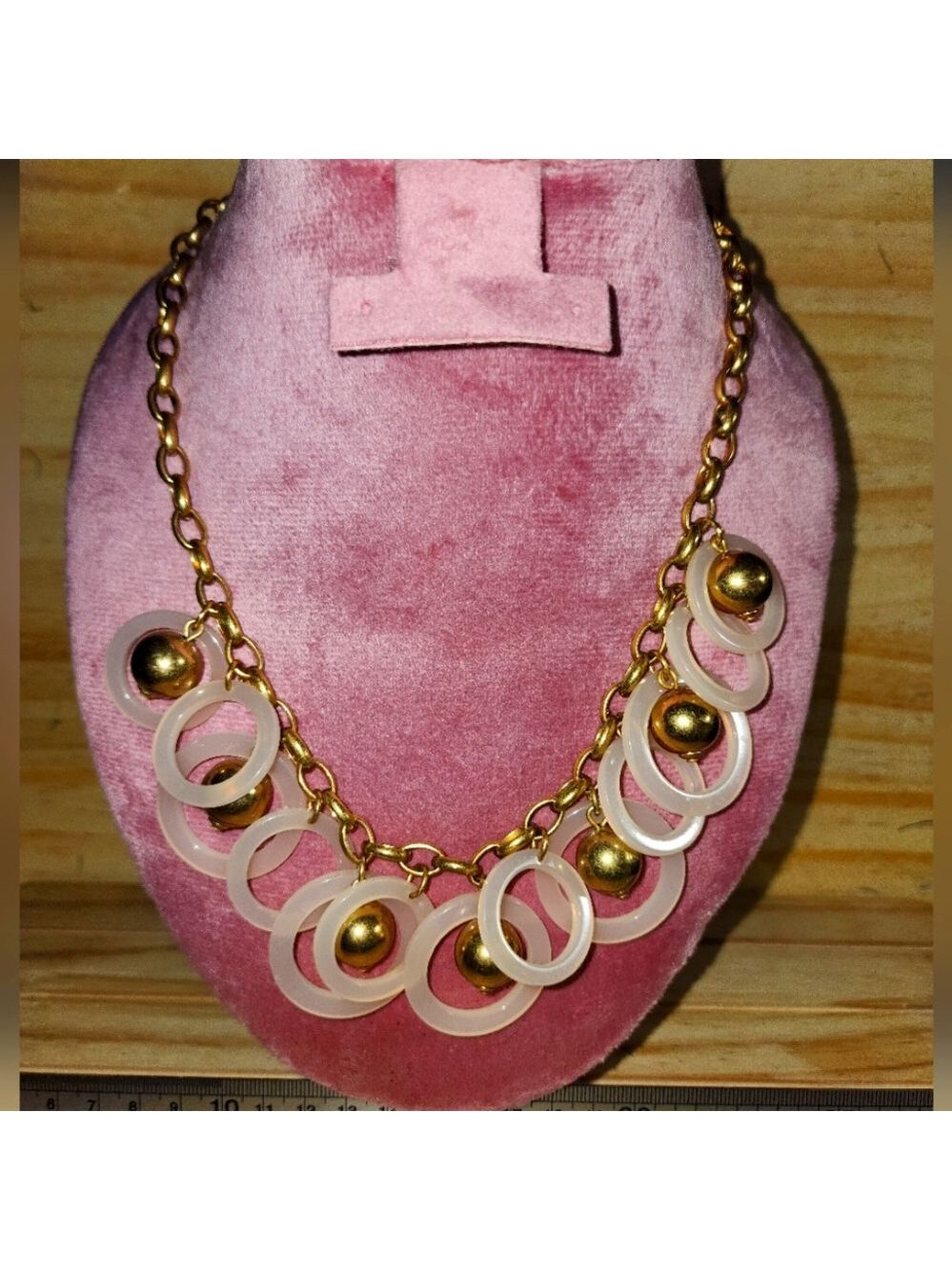 J Crew Gold Tone Chain, Gold Balls and Light Pink Circle Necklace 18"-22"
